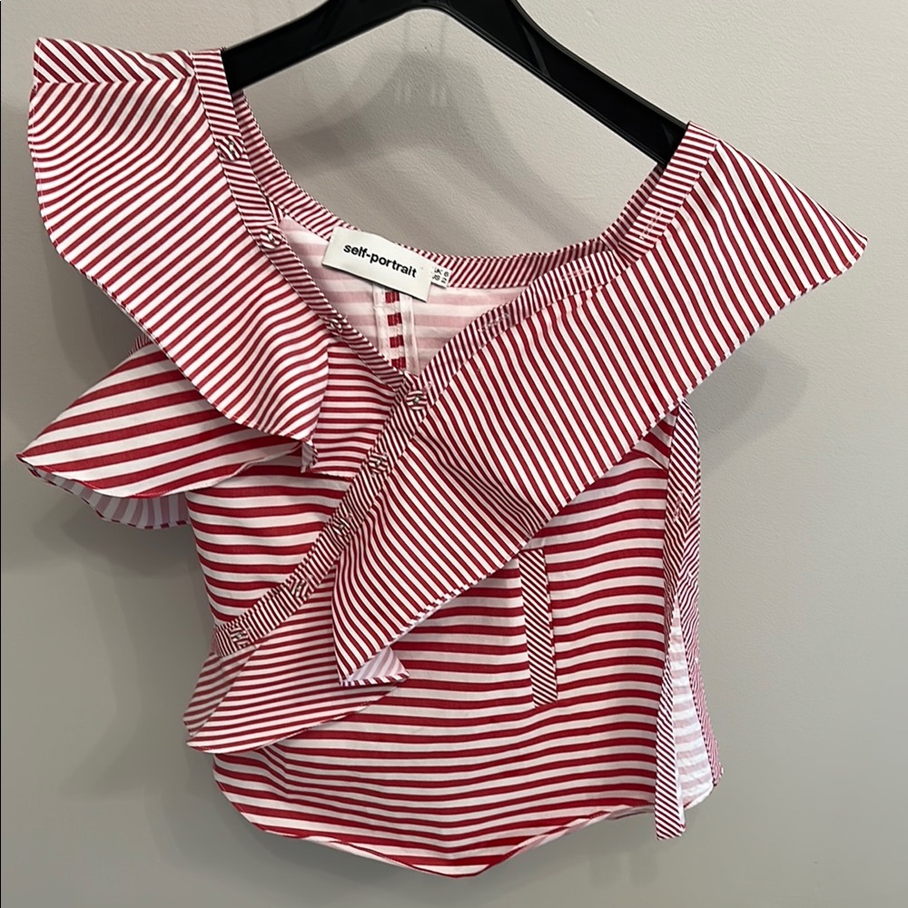 Self-Portrait Red and White Asymmetrical Ruffled Blouse sz 2
